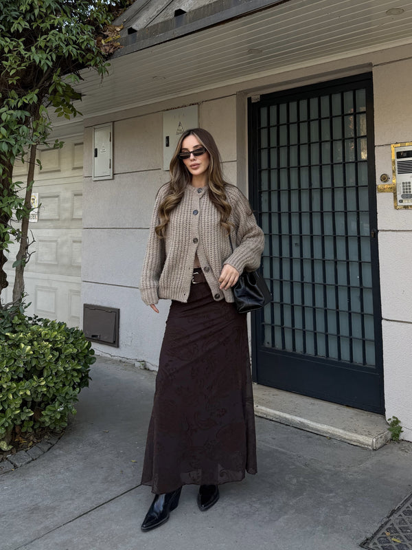 Kahverengi Kadife Çiçek Desenli Etek - 251134