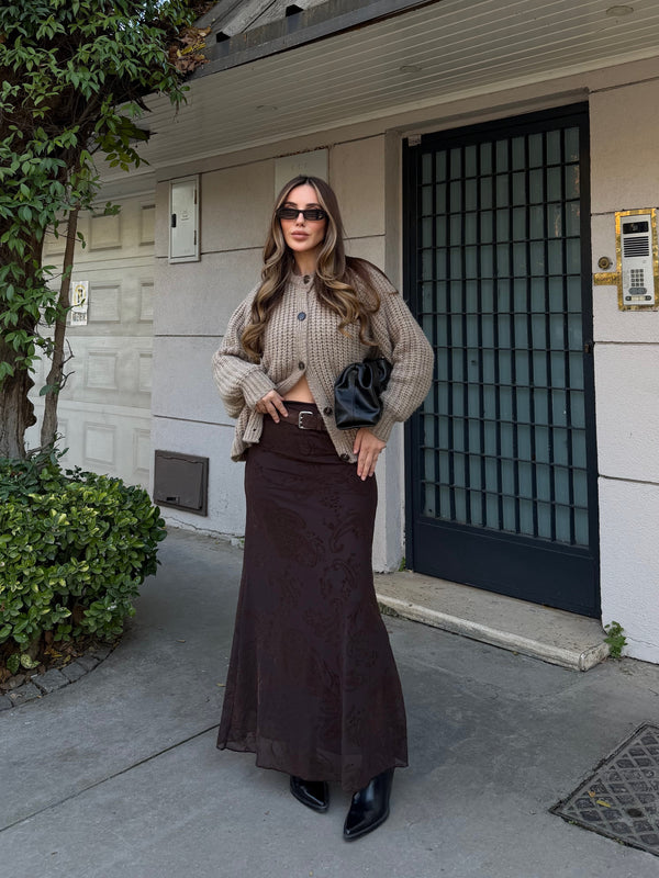 Kahverengi Kadife Çiçek Desenli Etek - 251134