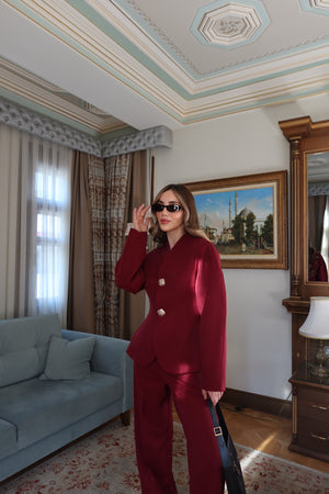 Bordo Gold Düğme Detaylı Belden Oturtma Takım - 2025186