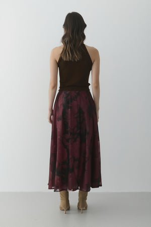 Bordo Çiçek Desenli Asimetrik Şifon Etek- 0612