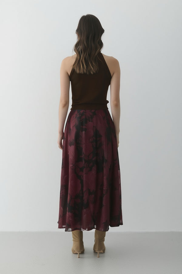 Bordo Çiçek Desenli Asimetrik Şifon Etek- 0612