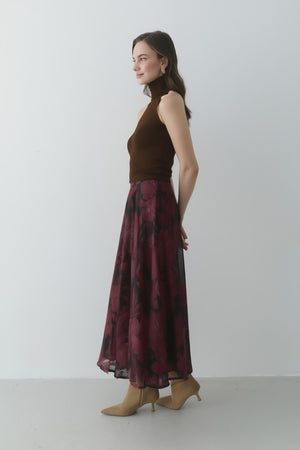 Bordo Çiçek Desenli Asimetrik Şifon Etek- 0612