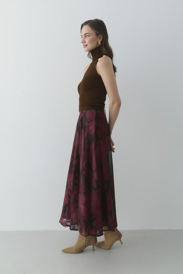 Bordo Çiçek Desenli Asimetrik Şifon Etek- 0612