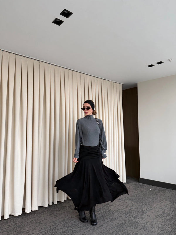 Siyah Büzgü Kemerli Etek - 3366