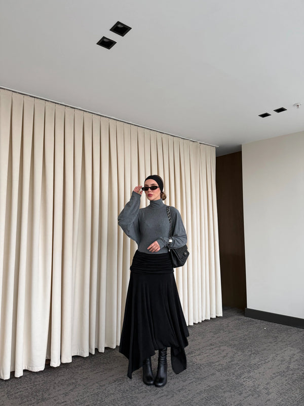 Siyah Büzgü Kemerli Etek - 3366