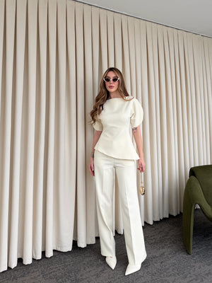 Ekru Balon Kol Asimetrik Bluz Pantolon Takım - 25194