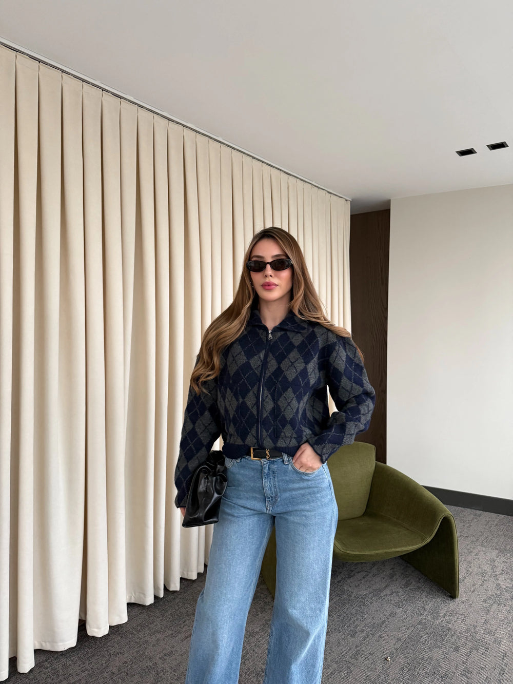 Lacivert - Antrasit Baklava Desenli Fermuarlı Hırka - 261003