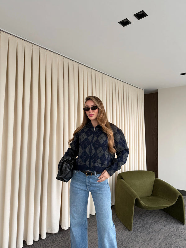 Lacivert - Antrasit Baklava Desenli Fermuarlı Hırka - 261003