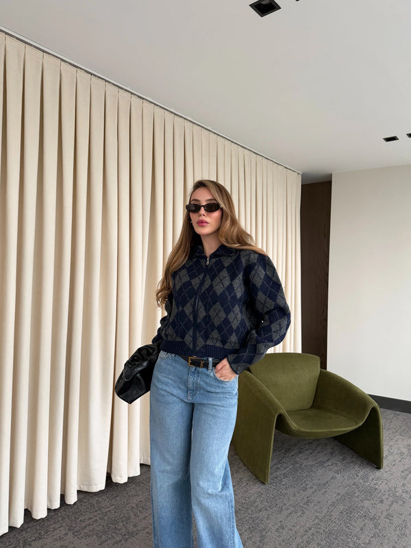 Lacivert - Antrasit Baklava Desenli Fermuarlı Hırka - 261003