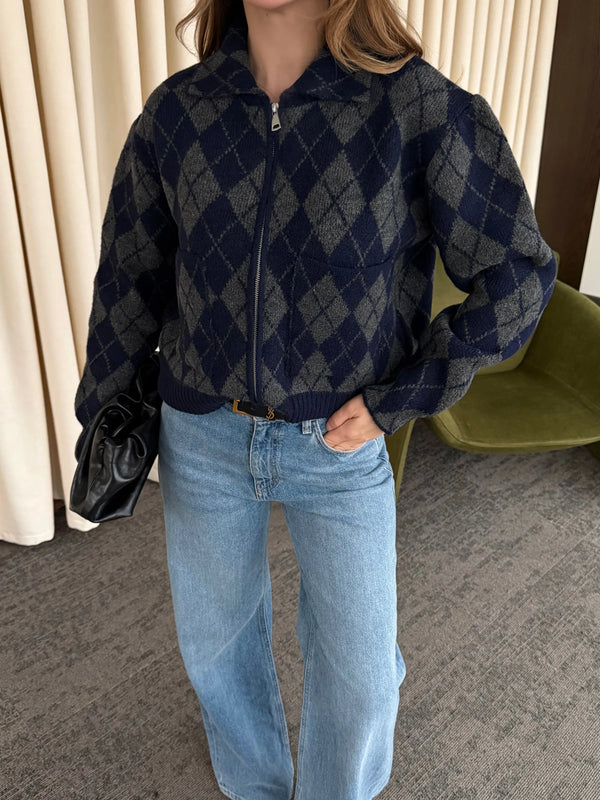 Lacivert - Antrasit Baklava Desenli Fermuarlı Hırka - 261003