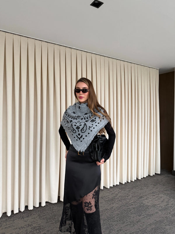 Gri - Antrasit Desenli Triko Şal - 251003