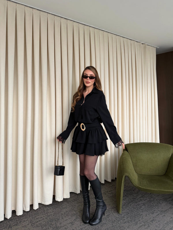 Siyah Etek Ucu Dantel Detaylı Elbise - 35518