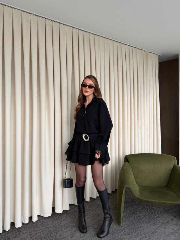 Siyah Etek Ucu Dantel Detaylı Elbise - 35518