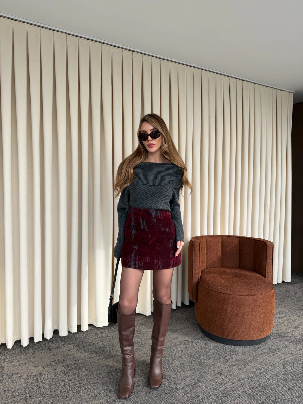 Lacivert - Bordo Flok Baskılı Etek - 261002