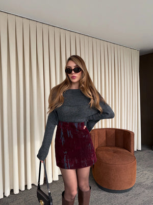 Lacivert - Bordo Flok Baskılı Etek - 261002