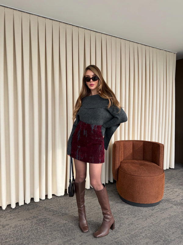 Lacivert - Bordo Flok Baskılı Etek - 261002