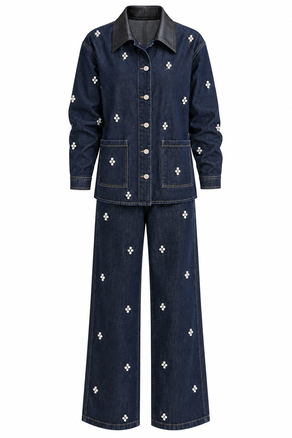 Lacivert Deri Yaka Taşlı Denim Ceket Pantolon Takım - 1167