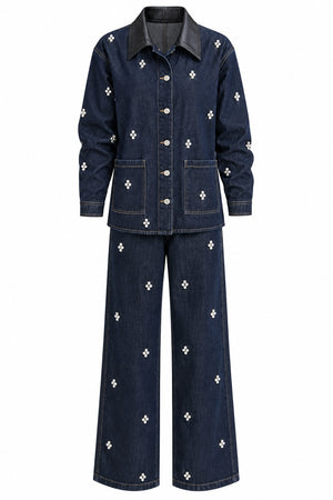 Lacivert Deri Yaka Taşlı Denim Ceket Pantolon Takım - 1167
