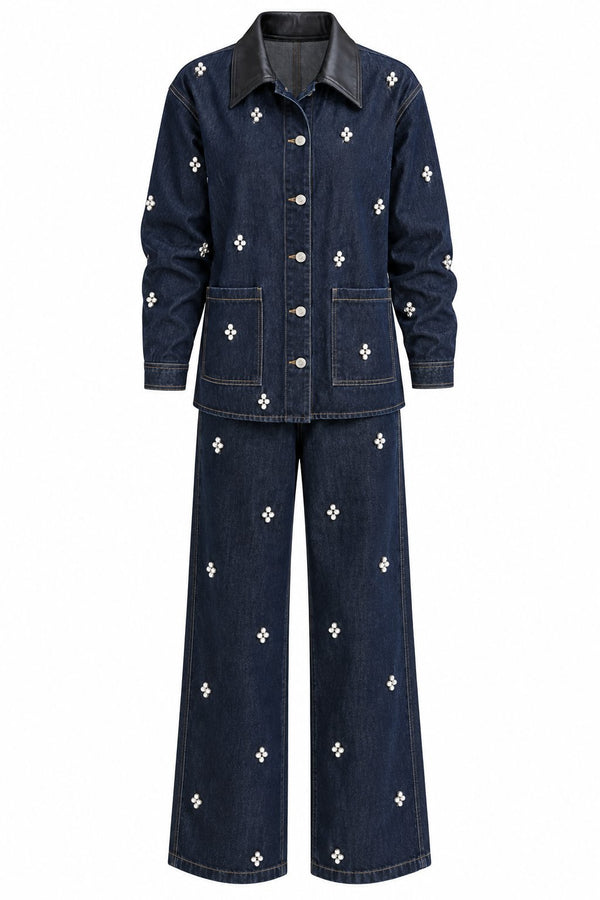 Lacivert Deri Yaka Taşlı Denim Ceket Pantolon Takım - 1167