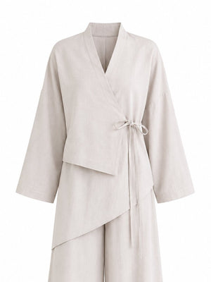 Bej Bel Tasarım Detaylı Kimono Takım - TK8009
