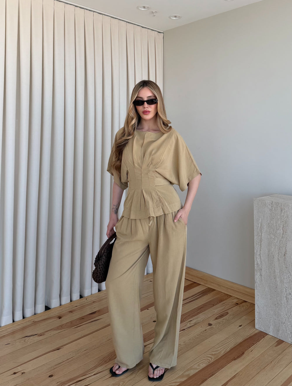 Taş Yarasa Kol Belden Oturtma Bluz Salaş Pantolon Takım - 650008