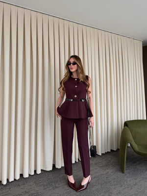 Mürdüm Kemerli Düğmeli Yelek - 9682