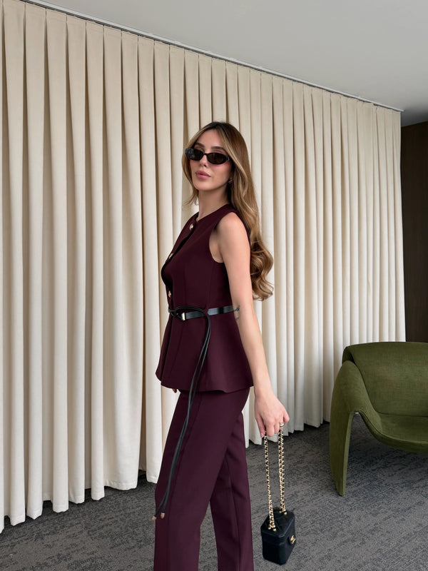 Mürdüm Kemerli Düğmeli Yelek - 9682