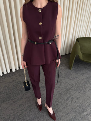 Mürdüm Kemerli Düğmeli Yelek - 9682