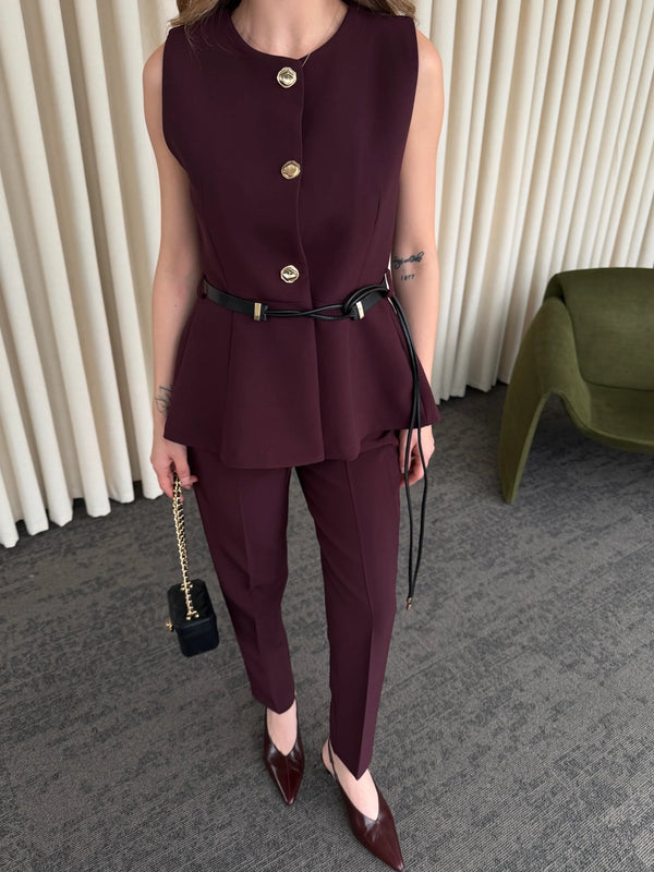 Mürdüm Kemerli Düğmeli Yelek - 9682