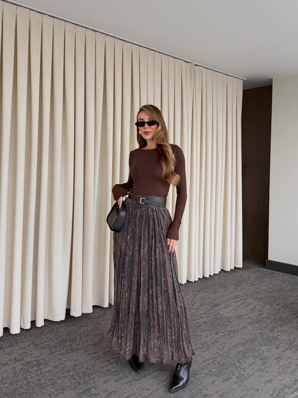 Kahverengi Beli Lastikli Kemerli Baskılı Etek - 3374