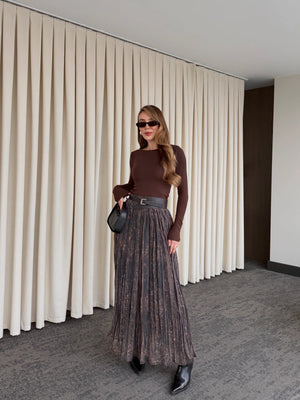 Kahverengi Beli Lastikli Kemerli Baskılı Etek - 3374