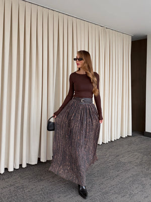 Kahverengi Beli Lastikli Kemerli Baskılı Etek - 3374