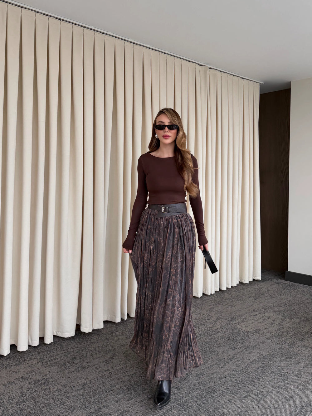 Kahverengi Beli Lastikli Kemerli Baskılı Etek - 3374