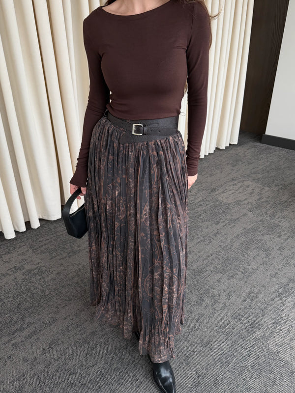 Kahverengi Beli Lastikli Kemerli Baskılı Etek - 3374