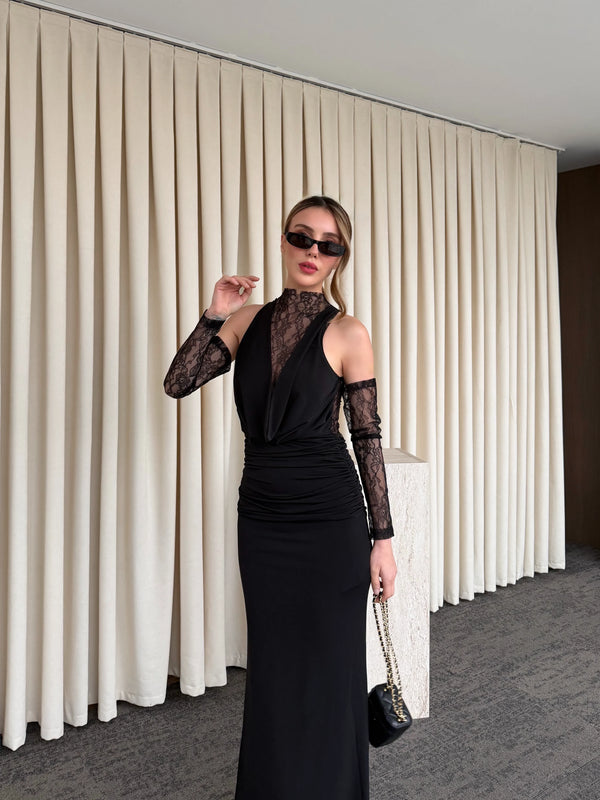 Siyah Degaje Yaka Dantel Eldivenli Elbise - 20117