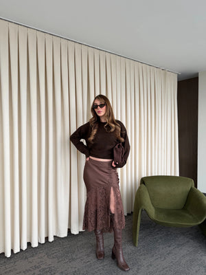 Kahverengi Saten Dantelli Etek - 37206