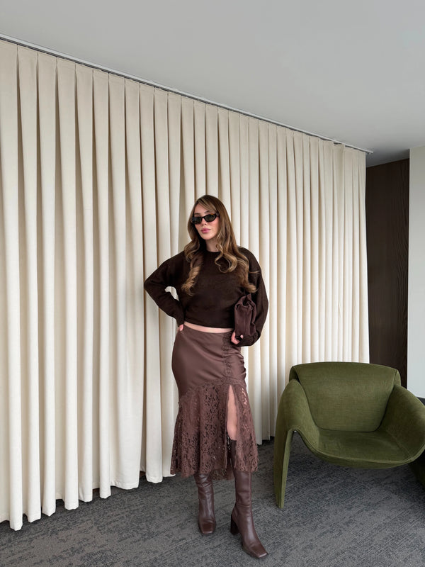 Kahverengi Saten Dantelli Etek - 37206