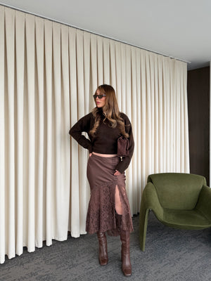 Kahverengi Saten Dantelli Etek - 37206