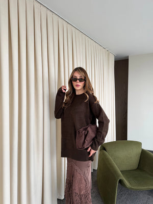 Kahverengi Saten Dantelli Etek - 37206