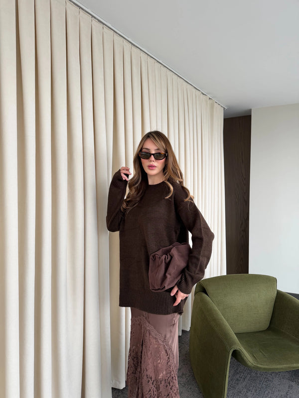 Kahverengi Saten Dantelli Etek - 37206