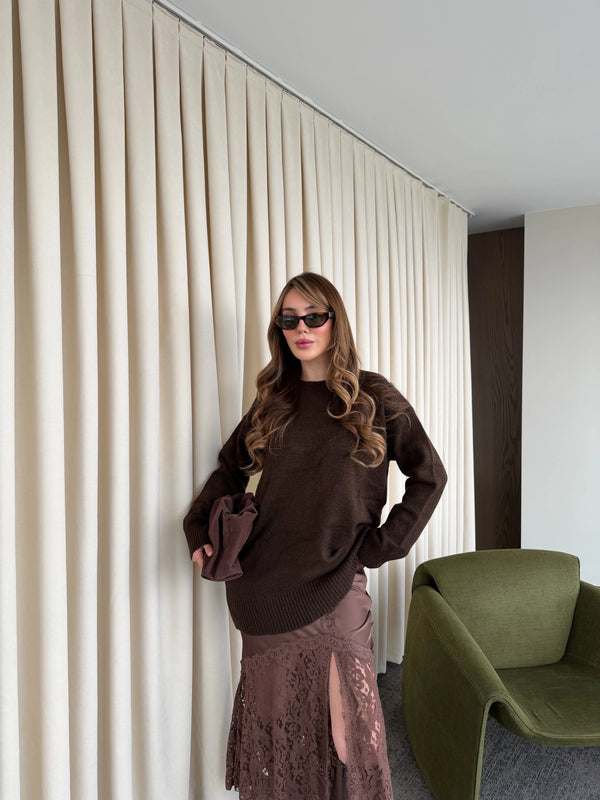 Kahverengi Saten Dantelli Etek - 37206