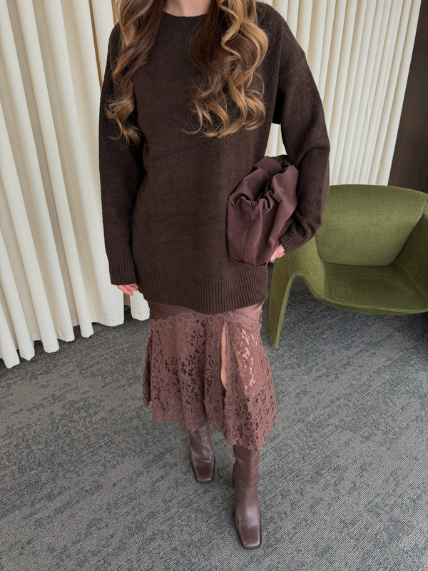 Kahverengi Saten Dantelli Etek - 37206