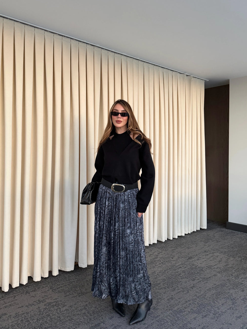 Füme Piliseli Beli Lastikli Kemerli Etek - 3375