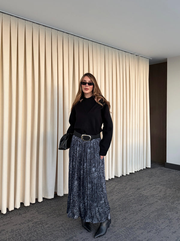 Füme Piliseli Beli Lastikli Kemerli Etek - 3375