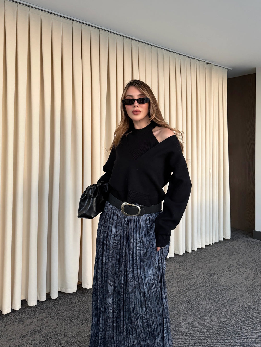 Füme Piliseli Beli Lastikli Kemerli Etek - 3375