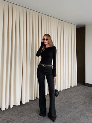 Siyah Flore Kemerli Pantolon - 1741