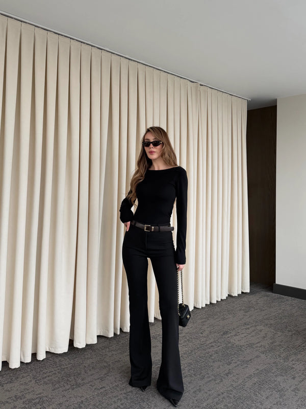 Siyah Flore Kemerli Pantolon - 1741