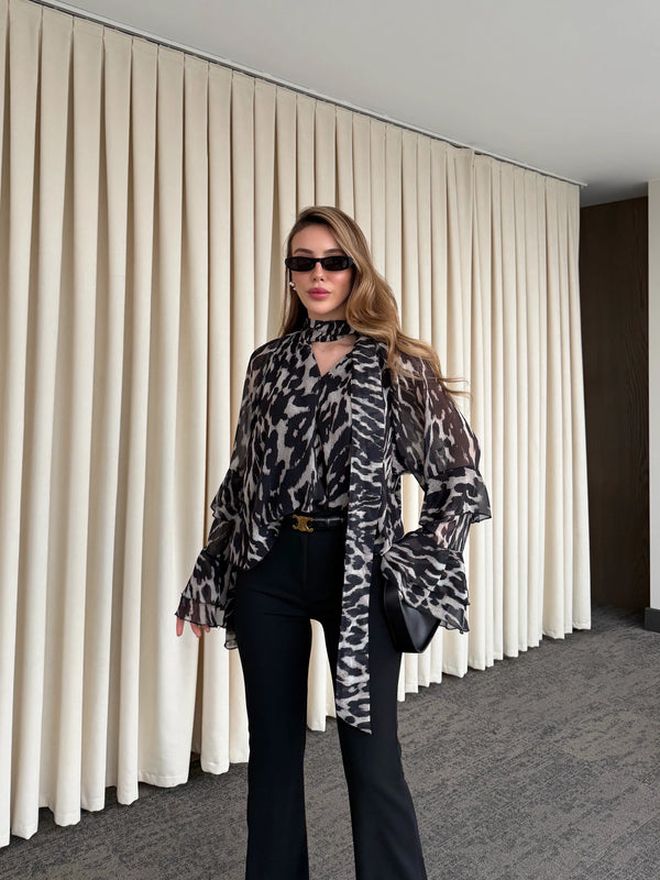 Siyah Bağlamalı Şifon Bluz - 5024