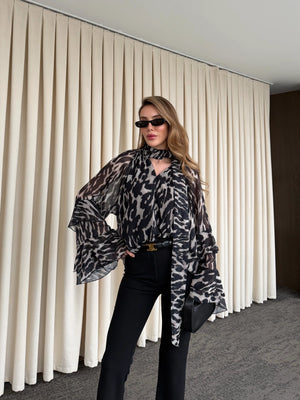 Siyah Bağlamalı Şifon Bluz - 5024