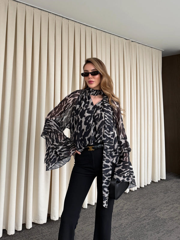 Siyah Bağlamalı Şifon Bluz - 5024